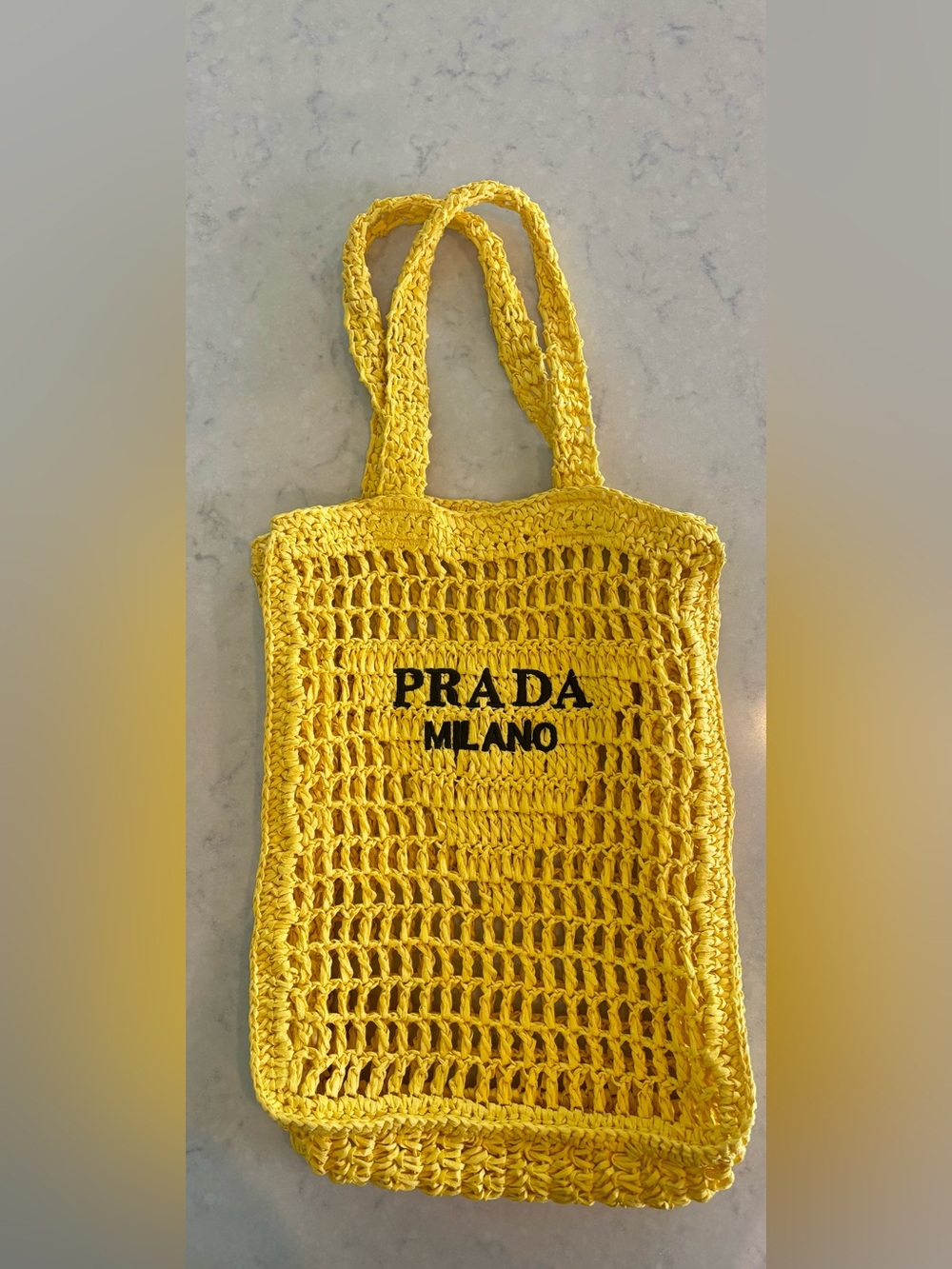 Yellow Raffia Tote with Black Logo Print